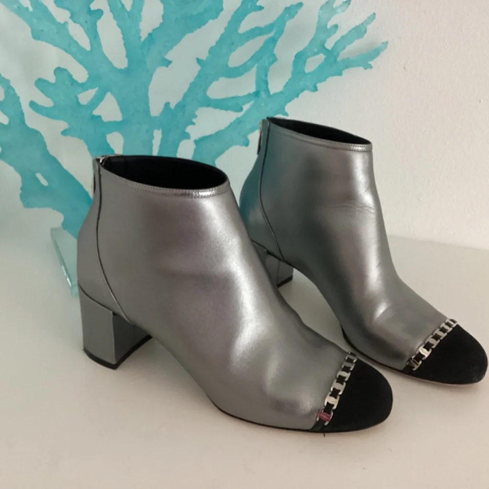 Salvatore Ferragamo Silver leather & Black fabric Chain-Link Accents Ankle Boots